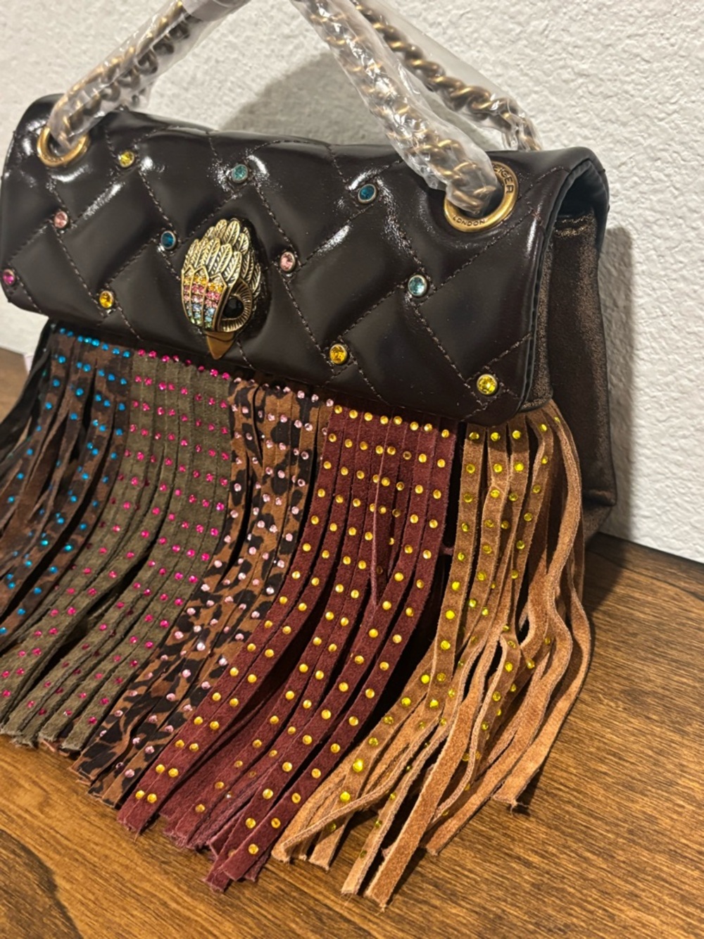 Kurt Geiger Mini Kensington Leather Fringe Crossbody Bag with Multicolor Studs - Picture 5 of 15